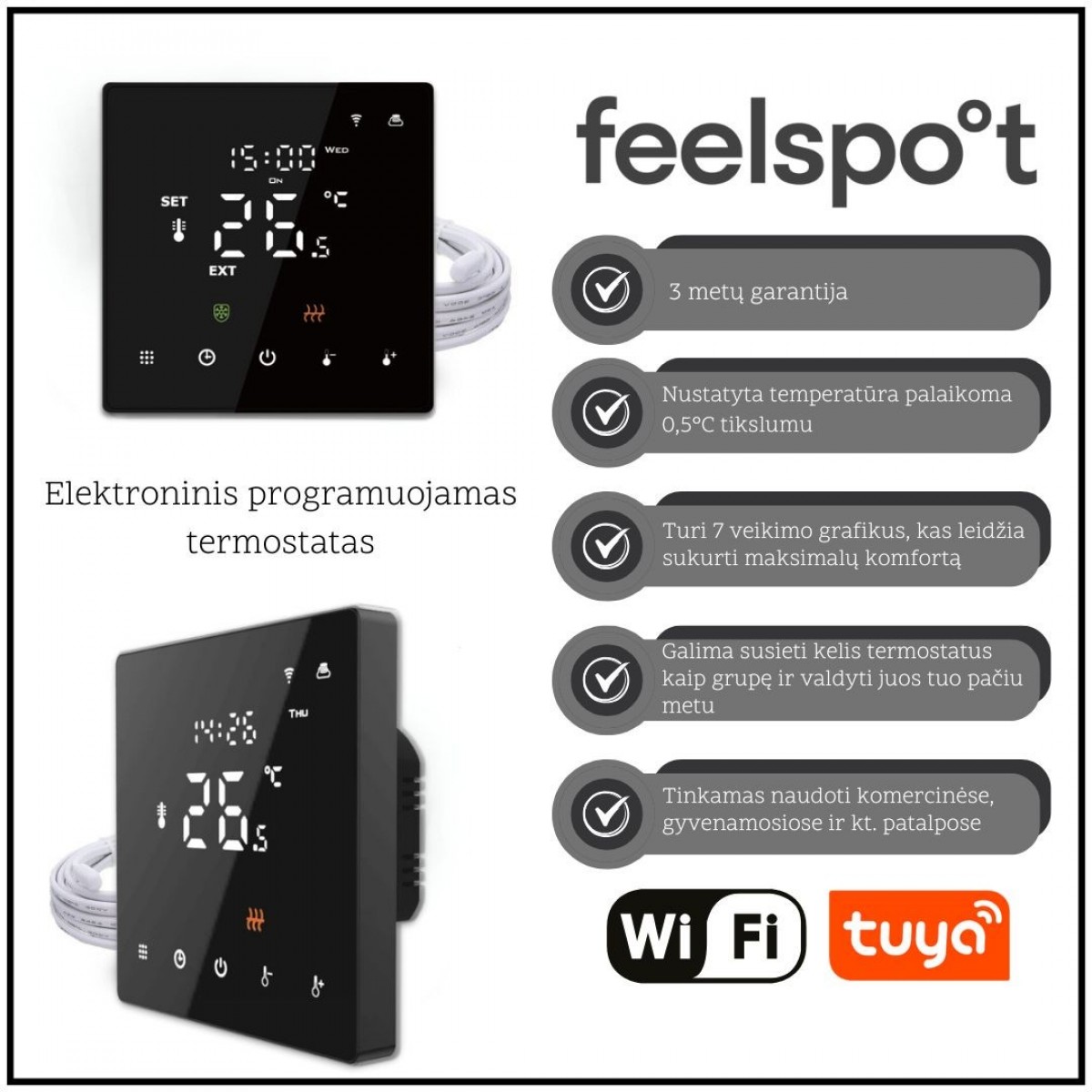 Elektroninis programuojamas termostatas Feelspot WTH22.16 NEW juodas, WiFi, Tuya Elektroninis programuojamas termostatas Feelspot WTH22.16 NEW juodas, WiFi, Tuya